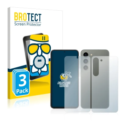 Vorderseite einer Produktverpackung mit dem Markenlogo BROTECT. Daneben ist das Gerät Samsung Galaxy S23 (Display+Rückseite) m
