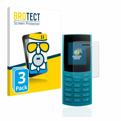 Vorderseite einer Produktverpackung mit dem Markenlogo BROTECT. Daneben ist das Gerät Nokia 105 4G (2023) mit dem zugehörigen 