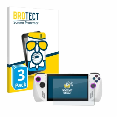 Vorderseite einer Produktverpackung mit dem Markenlogo BROTECT. Daneben ist das Gerät ASUS ROG Ally (2023) RC71L mit dem zugeh