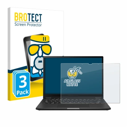 Vorderseite einer Produktverpackung mit dem Markenlogo BROTECT. Daneben ist das Gerät ASUS ROG Flow X13 2023 mit dem zugehörig