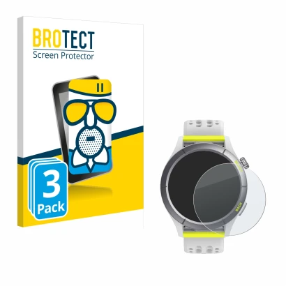 Vorderseite einer Produktverpackung mit dem Markenlogo BROTECT. Daneben ist das Gerät Huami Amazfit Cheetah mit dem zugehörige