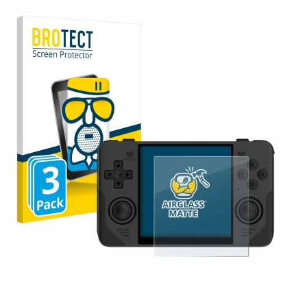 Vorderseite einer Produktverpackung mit dem Markenlogo BROTECT. Daneben ist das Gerät Powkiddy RGB30 mit dem zugehörigen Displ