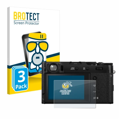 Vorderseite einer Produktverpackung mit dem Markenlogo BROTECT. Daneben ist das Gerät Fujifilm X100VI mit dem zugehörigen Disp