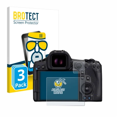 Vorderseite einer Produktverpackung mit dem Markenlogo BROTECT. Daneben ist das Gerät Canon EOS R5 Mark II mit dem zugehörigen