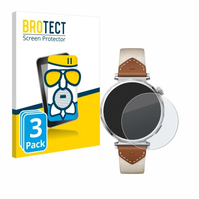 Vorderseite einer Produktverpackung mit dem Markenlogo BROTECT. Daneben ist das Gerät Huawei Watch GT 5 (41 mm) mit dem zugehö