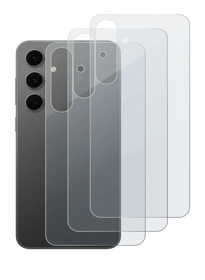 Abbildung des Geräts Samsung Galaxy S24 FE (Rückseite) mit einer Vielzahl des Displayschutzes.