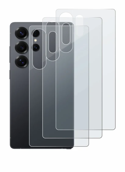 Abbildung des Geräts Samsung Galaxy S25 Ultra (Rückseite) mit einer Vielzahl des Displayschutzes.