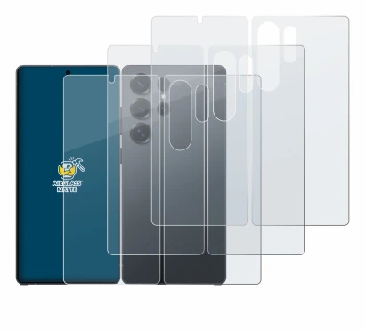 Abbildung des Geräts Samsung Galaxy S25 Ultra (Display+Rückseite) mit einer Vielzahl des Displayschutzes.