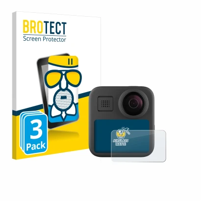 Vorderseite einer Produktverpackung mit dem Markenlogo BROTECT. Daneben ist das Gerät GoPro Max (2025) mit dem zugehörigen Dis