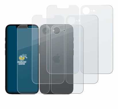 Abbildung des Geräts Apple iPhone 16e (Display+Rückseite) mit einer Vielzahl des Displayschutzes.