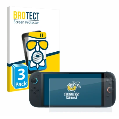 Vorderseite einer Produktverpackung mit dem Markenlogo BROTECT. Daneben ist das Gerät Nintendo Switch 2 mit dem zugehörigen Di