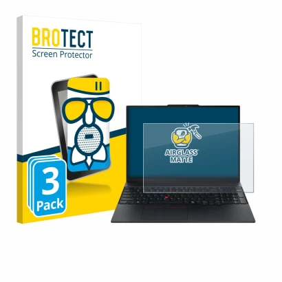 Vorderseite einer Produktverpackung mit dem Markenlogo BROTECT. Daneben ist das Gerät Lenovo ThinkPad E16 Gen 3 mit dem zugehö