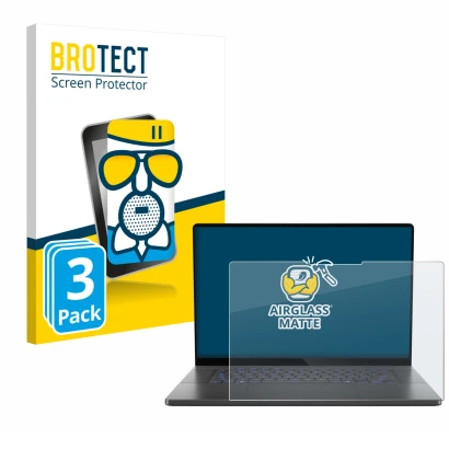 Vorderseite einer Produktverpackung mit dem Markenlogo BROTECT. Daneben ist das Gerät ASUS ROG Zephyrus G16 2025 mit dem zugeh