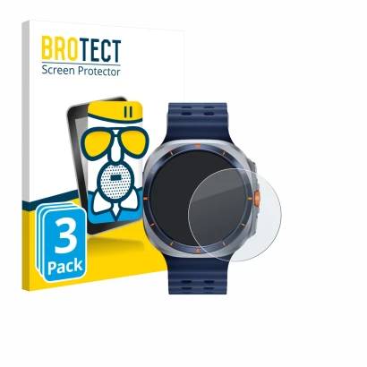 Vorderseite einer Produktverpackung mit dem Markenlogo BROTECT. Daneben ist das Gerät Samsung Galaxy Watch Ultra 2 (47 mm) mit