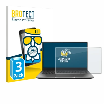 Vorderseite einer Produktverpackung mit dem Markenlogo BROTECT. Daneben ist das Gerät ASUS Chromebook Plus CX14 mit dem zugehö