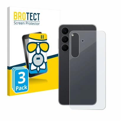 Vorderseite einer Produktverpackung mit dem Markenlogo BROTECT. Daneben ist das Gerät Samsung Galaxy S25 FE (Rückseite) mit de