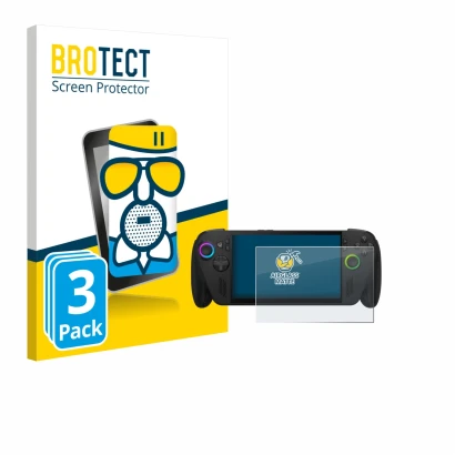 Vorderseite einer Produktverpackung mit dem Markenlogo BROTECT. Daneben ist das Gerät ASUS ROG Ally X 2025 mit dem zugehörigen