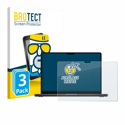 Vorderseite einer Produktverpackung mit dem Markenlogo BROTECT. Daneben ist das Gerät Apple MacBook Pro 14" M5 2025 mit dem zu