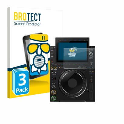 Vorderseite einer Produktverpackung mit dem Markenlogo BROTECT. Daneben ist das Gerät Pioneer CDJ 3000X mit dem zugehörigen Di