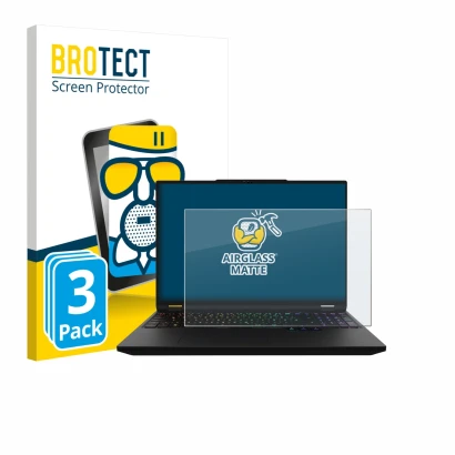 Vorderseite einer Produktverpackung mit dem Markenlogo BROTECT. Daneben ist das Gerät XMG Apex 16 Max mit dem zugehörigen Disp