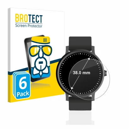 Vorderseite einer Produktverpackung mit dem Markenlogo BROTECT. Daneben ist das Gerät Armbanduhren (Kreisrund, ø: 38 mm) mit d