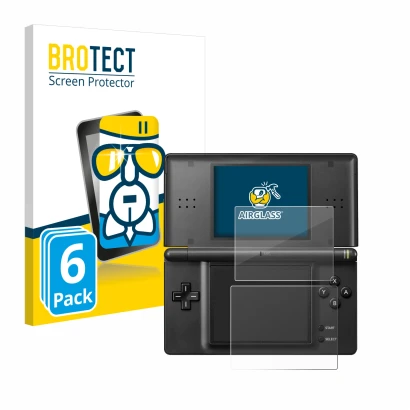 Vorderseite einer Produktverpackung mit dem Markenlogo BROTECT. Daneben ist das Gerät Nintendo DS LITE mit dem zugehörigen Dis