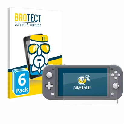 Vorderseite einer Produktverpackung mit dem Markenlogo BROTECT. Daneben ist das Gerät Nintendo Switch Lite mit dem zugehörigen