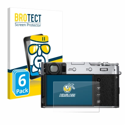 Vorderseite einer Produktverpackung mit dem Markenlogo BROTECT. Daneben ist das Gerät Fujifilm X100V mit dem zugehörigen Displ