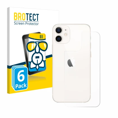 Vorderseite einer Produktverpackung mit dem Markenlogo BROTECT. Daneben ist das Gerät Apple iPhone 12 mini (Rückseite) mit dem