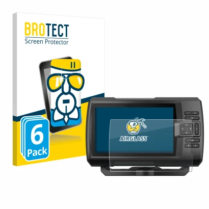 Vorderseite einer Produktverpackung mit dem Markenlogo BROTECT. Daneben ist das Gerät Garmin Striker Vivid 7cv mit dem zugehör