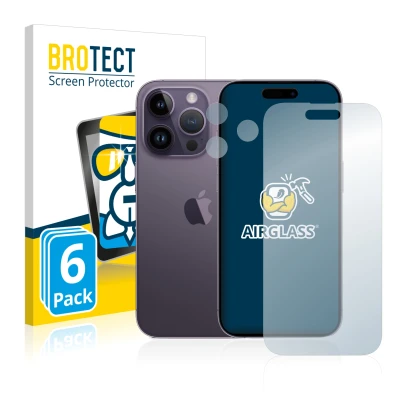 Vorderseite einer Produktverpackung mit dem Markenlogo BROTECT. Daneben ist das Gerät Apple iPhone 14 Pro (Display+Kamera) mit