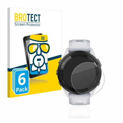 Vorderseite einer Produktverpackung mit dem Markenlogo BROTECT. Daneben ist das Gerät Garmin Forerunner 265 (46 mm) mit dem zu