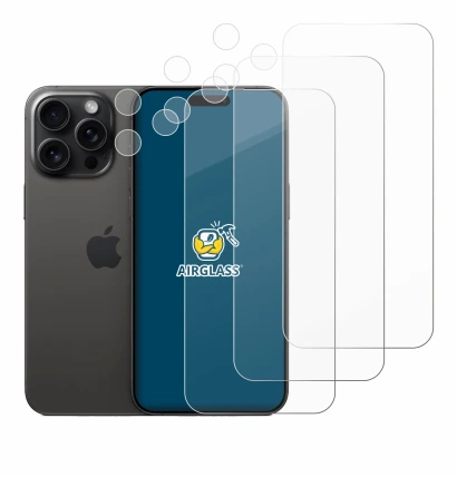 Abbildung des Geräts Apple iPhone 15 Pro Max (Display+Kamera) mit einer Vielzahl des Displayschutzes.