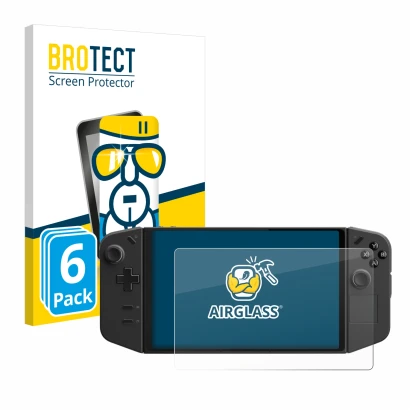 Vorderseite einer Produktverpackung mit dem Markenlogo BROTECT. Daneben ist das Gerät Lenovo Legion Go mit dem zugehörigen Dis