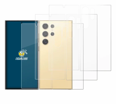 Abbildung des Geräts Samsung Galaxy S24 Ultra (case-friendly) (Display+Rückseite) mit einer Vielzahl des Displayschutzes.
