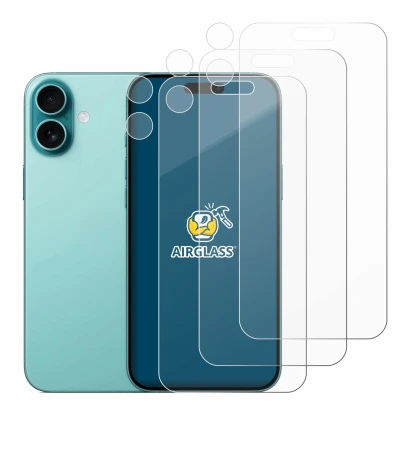 Abbildung des Geräts Apple iPhone 16 Plus (Display+Kamera) mit einer Vielzahl des Displayschutzes.