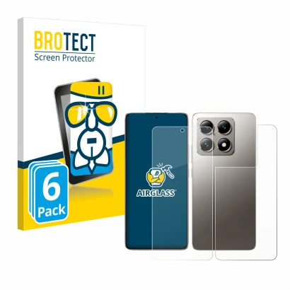 Vorderseite einer Produktverpackung mit dem Markenlogo BROTECT. Daneben ist das Gerät Xiaomi 14T (Display+Rückseite) mit dem z