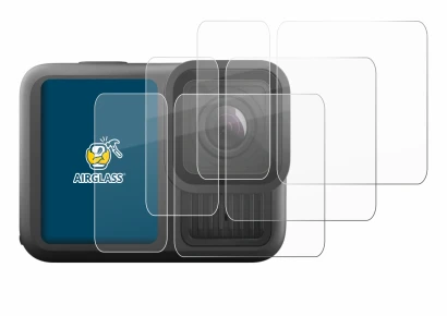 Abbildung des Geräts GoPro Hero 13 Black Ultra Wide Edition mit einer Vielzahl des Displayschutzes.