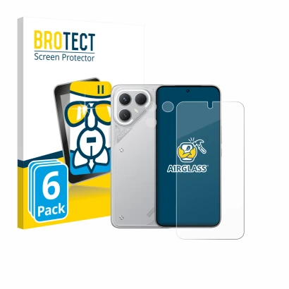 Vorderseite einer Produktverpackung mit dem Markenlogo BROTECT. Daneben ist das Gerät Tecno Pova 7 Pro (Display+Kamera) mit de