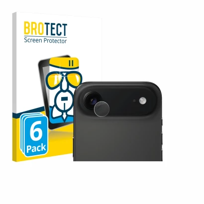 Vorderseite einer Produktverpackung mit dem Markenlogo BROTECT. Daneben ist das Gerät Apple iPhone Air (NUR Kameraschutz) mit