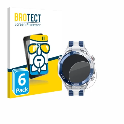 Vorderseite einer Produktverpackung mit dem Markenlogo BROTECT. Daneben ist das Gerät Huawei Watch Ultimate 2 Blue mit dem zug