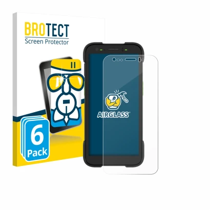 Vorderseite einer Produktverpackung mit dem Markenlogo BROTECT. Daneben ist das Gerät Zebra TC701 mit dem zugehörigen Displays