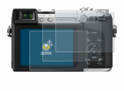 Abbildung des Geräts Panasonic Lumix DMC-GX7 mit einer Vielzahl des Displayschutzes.