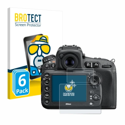 Vorderseite einer Produktverpackung mit dem Markenlogo BROTECT. Daneben ist das Gerät Nikon D810 mit dem zugehörigen Displaysc