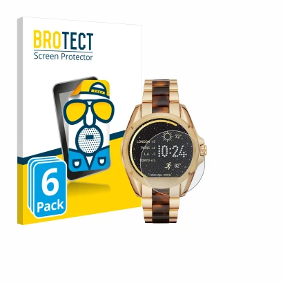 Vorderseite einer Produktverpackung mit dem Markenlogo BROTECT. Daneben ist das Gerät Michael Kors Access Bradshaw mit dem zug