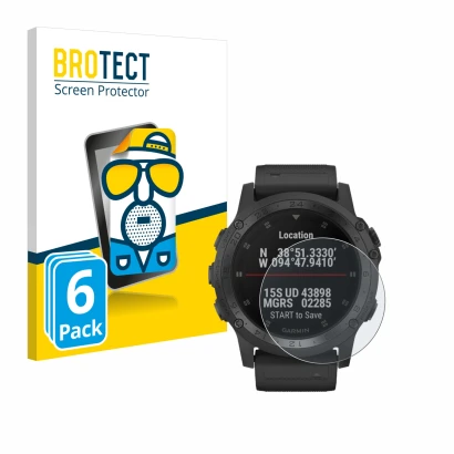 Vorderseite einer Produktverpackung mit dem Markenlogo BROTECT. Daneben ist das Gerät Garmin Tactix Charlie mit dem zugehörige