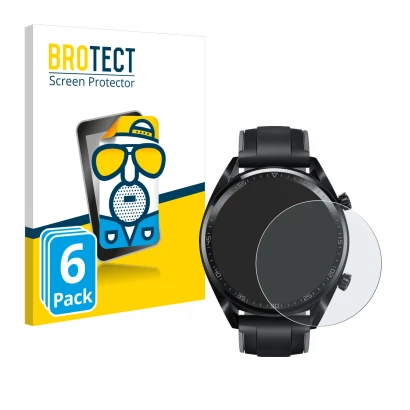 Vorderseite einer Produktverpackung mit dem Markenlogo BROTECT. Daneben ist das Gerät Huawei Watch GT (46 mm) 2018 mit dem zug