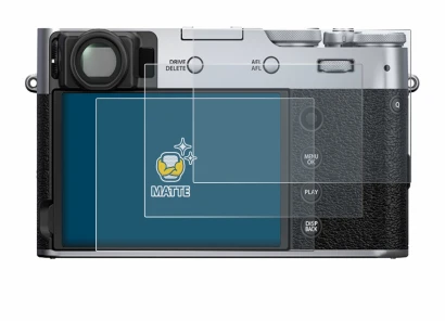Abbildung des Geräts Fujifilm X100V mit einer Vielzahl des Displayschutzes.