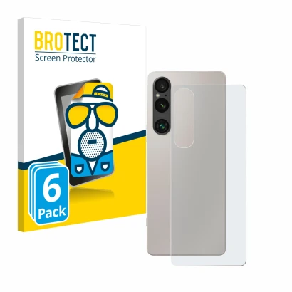 Vorderseite einer Produktverpackung mit dem Markenlogo BROTECT. Daneben ist das Gerät Sony Xperia 1 V (Rückseite) mit dem zuge