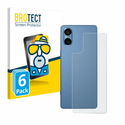 Vorderseite einer Produktverpackung mit dem Markenlogo BROTECT. Daneben ist das Gerät Sony Xperia 5 V (Rückseite) mit dem zuge